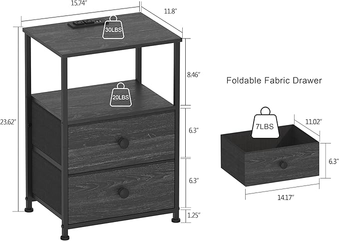 Tohomeor End Table with Charging Station, LED Light, Fabric Drawers, and USB Ports - Charcoal