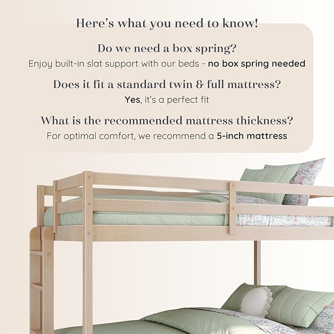 Grain & Grove Bear Twin Over Full Bunk Bed, Sturdy Bunk Bed Frame for Kids, Plywood Bunk with Ladder, Guardrail, and Slats, No Box Spring Required, Oak Embossed Natural