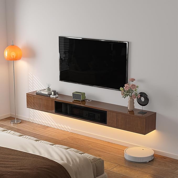 High Gloss Floating TV Stand,70'' Wall Mounted TV Console,Under TV Floating Shelf,Floating TV Cabinet with 3 Doors for Bedroom Living Room(Walnut)