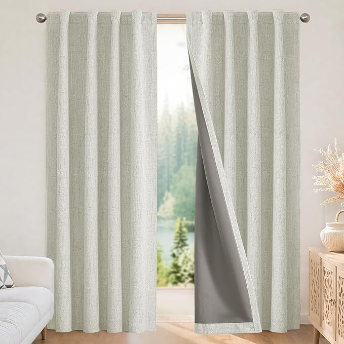 Joydeco 100% Blackout Curtains for Bedroom - Natural Linen Curtains 100" W x 108" L Long, Thermal Insulated 1 Panels Light Beige. Room Darkening Light Blocking Drapes for Living Room
