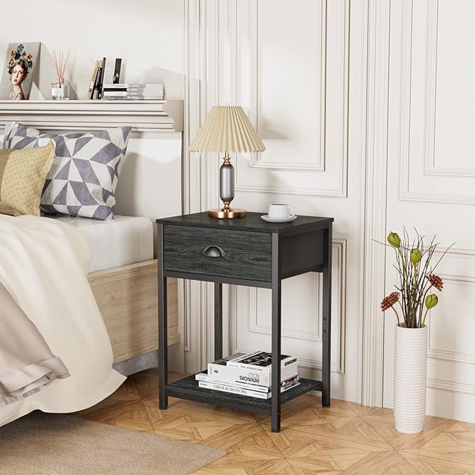 Nightstands Set of 2, Industrial End Table with Fabric Drawer&Storage Shelf, Small Bedside Table Organizer for Small Space for Living Room, Tall 23.6" Night Stand for Bedroom, Black Oak