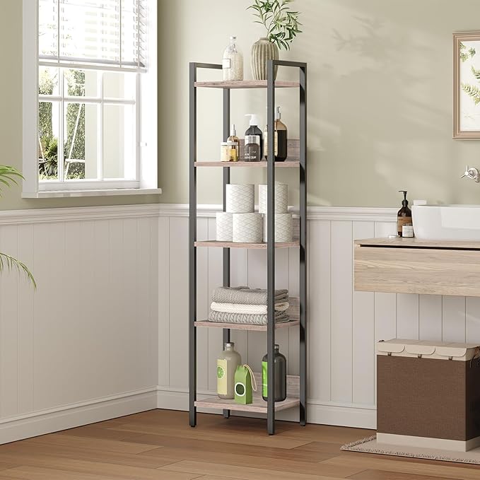 5-Tier Bookshelf, Bookcase, Shelves Organizer for Small Spaces, Storage Shelf Organizer, for Living Room, Bedroom, Study, Balcony, Greige and Black BKHG5501