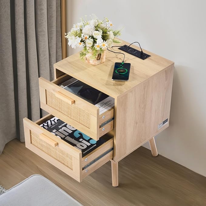 VEVOR Rattan Nightstand, Boho Bedside Table with 2 Drawers, End Table Nightstand with Solid Wood Legs, Rattan Bedside Table with Charging Station, for Bedroom