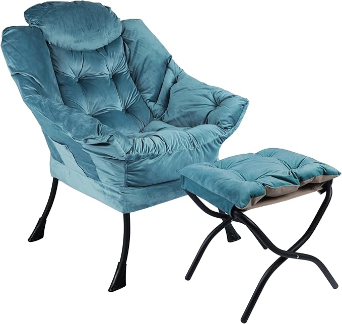 Lazy Chair with Folding Ottoman,Living Room Chairs, Accent Contemporary Lounge Chair, Single Steel Frame Leisure Sofa Chair with Armrests and A Side Pocket (DL60GREEN)