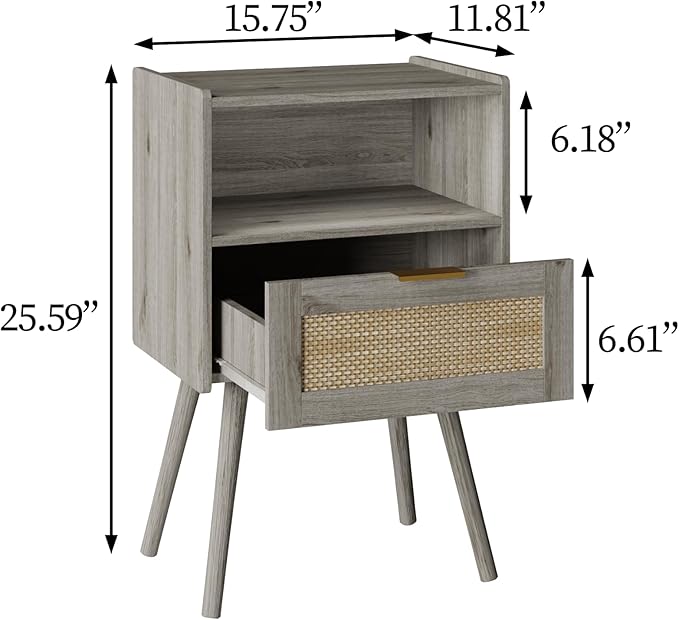 Rattan Nightstand,Modern Bedside Table with Storage Drawer and Open Wood Shelf, for Living Room, Bedroom and Small Spaces, Accent Night Stand with Solid Wood Legs, Easy Assembly(Grey Oak)