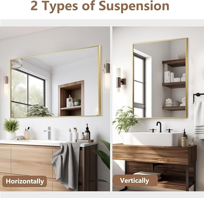 Gold Bathroom Mirror, 20"x28" Rectangle Mirror, Brushed Gold Mirror, Metal Frame Square Corner Vanity Mirror, Wall Mounted Mirror for Modern, Living Room, Bedroom, Horizontal Or Vertical