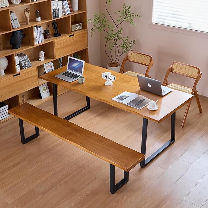 Durable Solid Wood Top Bench with Sturdy Metal Legs – Versatile Dining & Office Seating - Multi-Size Options Ideal for Living Room, Dining Room, and Home Office(Dark yellowbench, 55.12in)