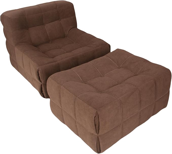 Bean Bag Chair - Memory Foam Bean Bag Chair for Adults, Comfy High-Resilience Single Sofa, Small Space Floor Chair, Chaise Lounge for Living Room, Bedroom (Dark Brown, Square+Ottoman)