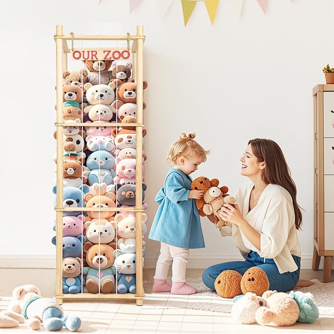 Stuffed Animal Storage - Tall Natural Pine Wood Toy Organizer with Elastic Cords & Shelf, Space-Saving Plushie Playhouse for Nursery, Playroom, Kids Bedroom - Easy Assembly