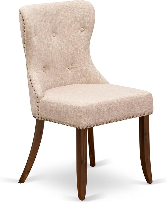 NKSI9-AWA-04 9-Piece Dining Table Set Consists of a Dining Table and 8 Light Tan Linen Fabric Kitchen Chairs with Button Tufted Back - Antique Walnut Finish