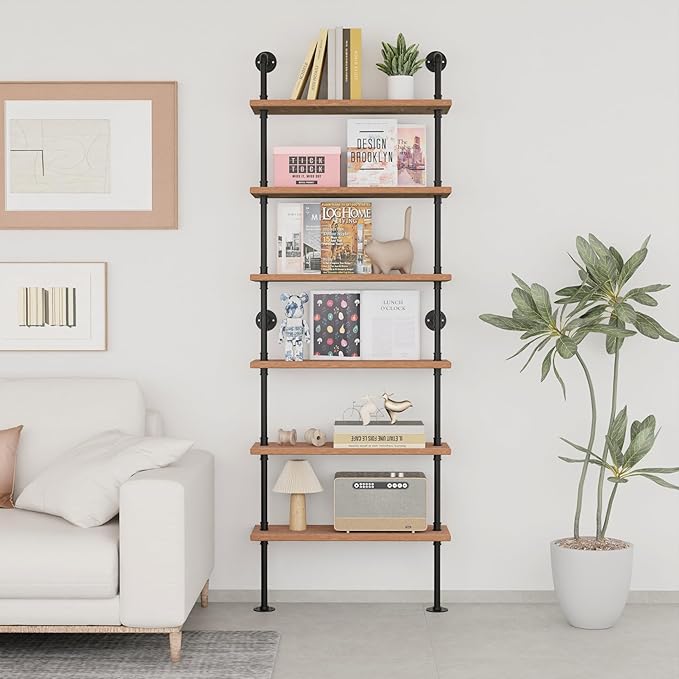 Pipe Industrial Shelves, Wall Mounted Wood Metal Ladder Rustic Bookshelf (Weathered Brown, 6 Tier - 10" D x 30" W x 82.5" H)