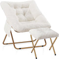 Comfy Saucer Chair for Adults, Foldable Living Room Chairs, Soft Faux Fur Lounge Chair for Bedroom, Reading Chairs, X-Large (Ottoman-White)