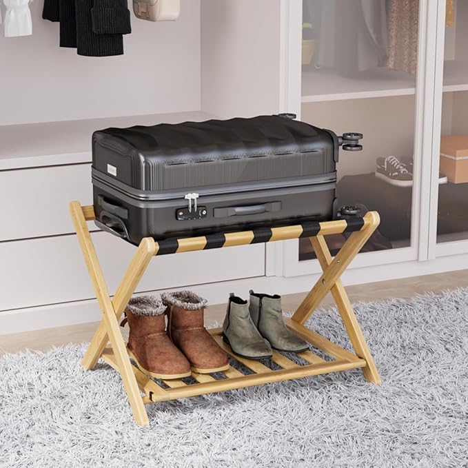 Fully Assembled Bamboo Luggage Rack, Heavy Duty Folding Suitcase Stand with Storage Shelf, Guest Room Essentials, Ideal for Bedroom, Hotel, Natural