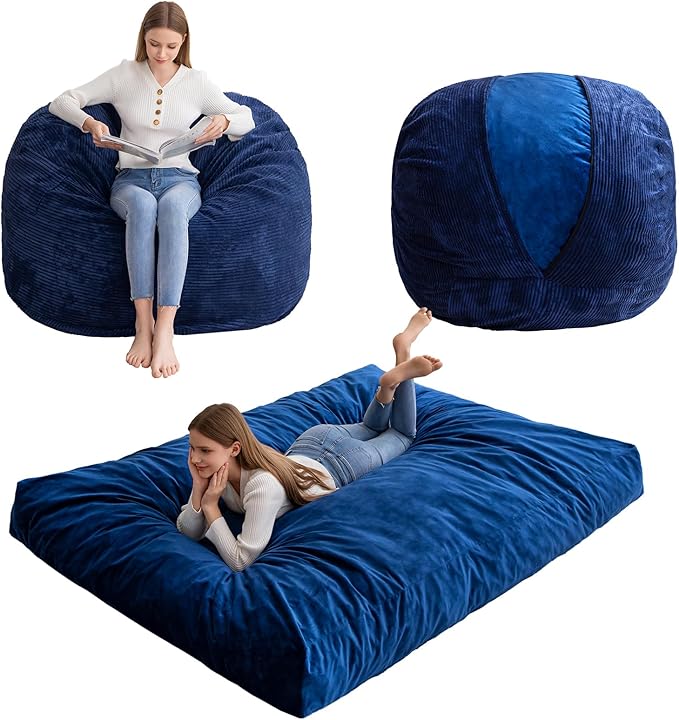 HIGOGOGO Giant Bean Bag Chair Bed for Adults,Convertible Beanbag Folds from Lazy Chair to Floor Mattress Bed,Large Floor Sofa Couch for Adult,Couples,Family,High-Density Foam Filling, Machine Washable