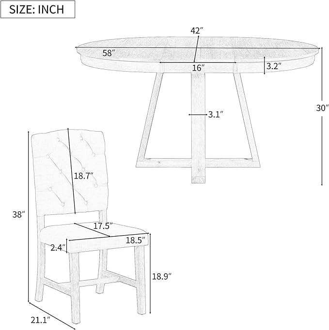 5 Pieces Dining Table Set with 42" Table,Living Room Furniture W/ 4 Upholstered Chairs,Tabletop Can be Adjusted from Round to Oval in Shape,for Restaurant,Home Bistro,Natural