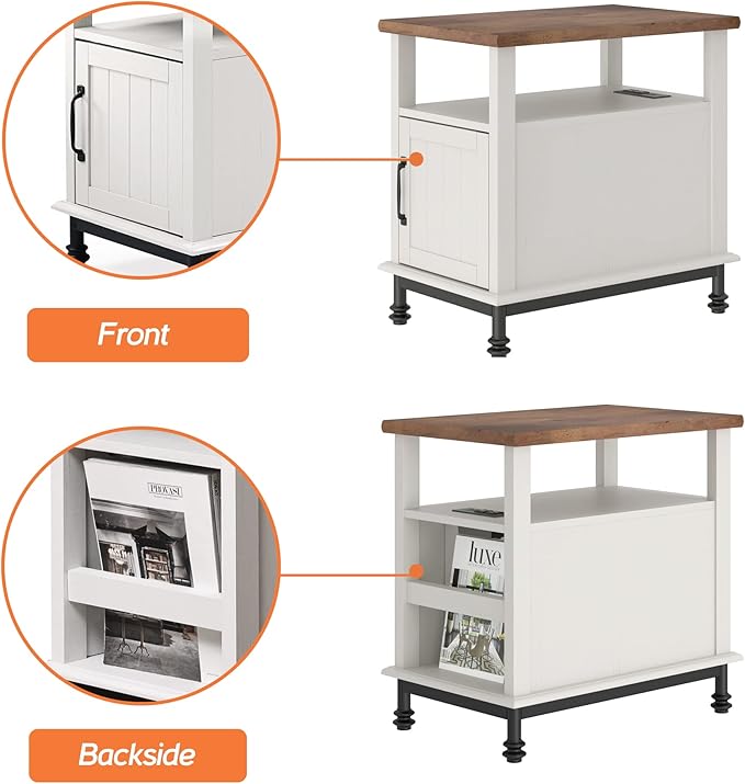 WAMPAT Narrow End Table with Charging Station, Farmhouse Side Table with Open Storage & Storage Cabinet for Living Room, Wooden Nightstand for Bedroom with Metal Legs, White/Oak