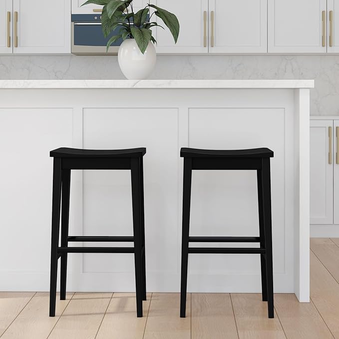 Plank+Beam Smythe Bar Stool, 30", Set of 4, Sturdy Wood Modern Kitchen Bar Height Stool, Saddle Seat Backless Bar Chair, Metal Footrest, Black