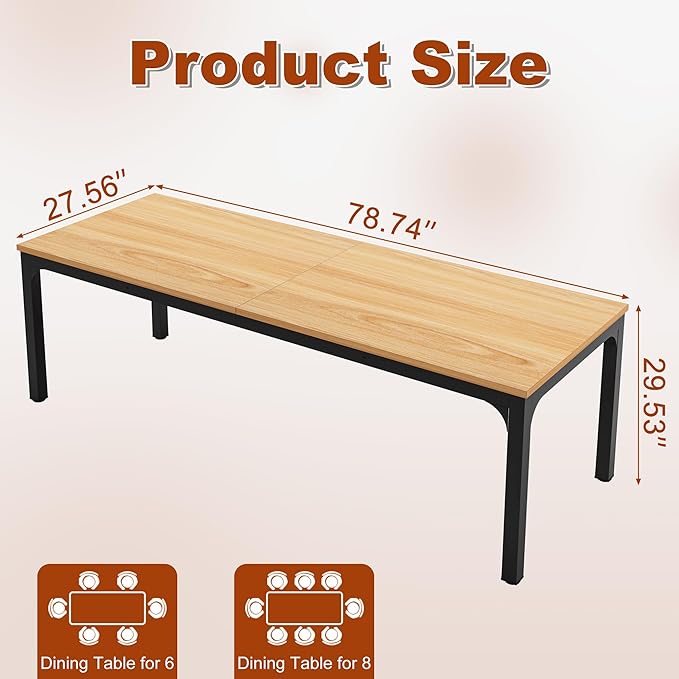 Rectangular Dining Table for 6-8, 78-Inch Modern Dinner Table Wooden Kitchen Tables with Metal Frame for Dining Room, Kitchen, Living Room, Light Walnut