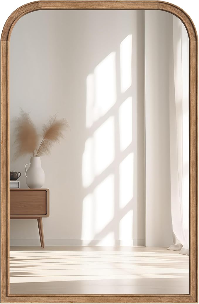 24"x36" Solid Wood Bathroom Mirror Tempered Glass for Wall Mounted, Rustic Wood Frame Wall Mirror Decorative for Bedroom Living Room Vanity Mirror Entryway Mirror, Brown