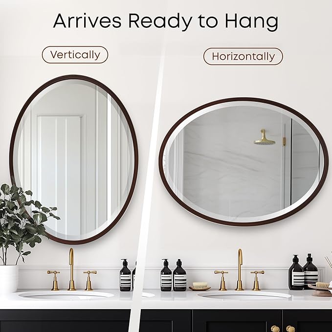 OVALCREST - Oval Wooden Beveled Wall Mirror for Home Decor, Bathroom, Vanity, Bedroom, Living Room, Hallway - London Style (Black Walnut) 21.1 x 31.1