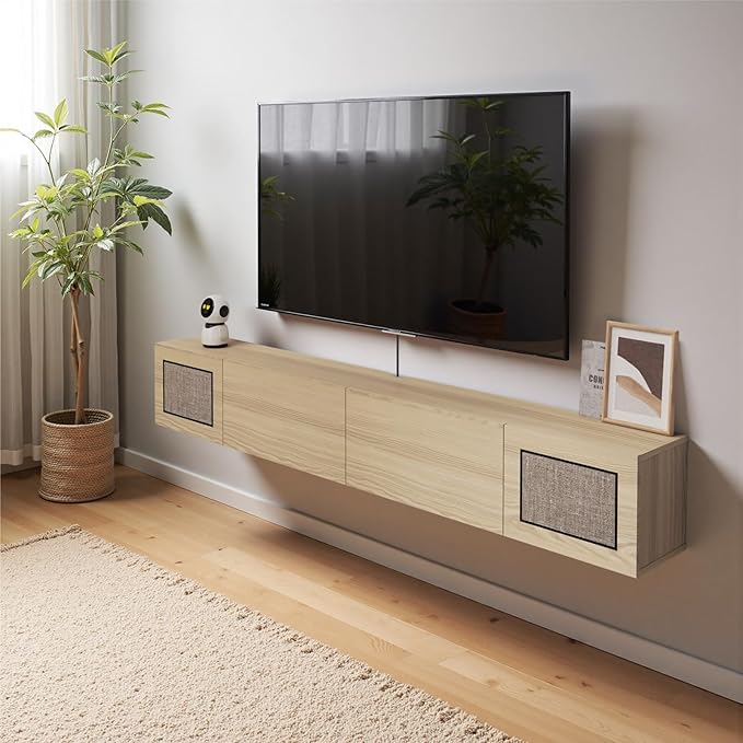 Pmnianhua Boho Floating TV Stand 70", Modern Wall Mounted Media Console with Cotton-Rayon Doors for Under TV Shelf,Entertainment Center,Living Room,Bedroom(Natural)