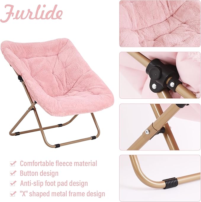 Dorm Chair with Ottoman, X-Large Soft Saucer Chair, Oversized Folding Faux Fur Accent Chair, Foldable Metal Frame Chair for Bedroom, Living Room (Pink)