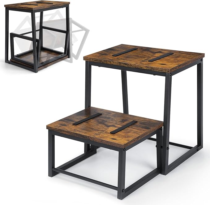 Vrisa Wood Step Stool for Adults Bedside Steps for High Beds Two Step Stools with 550Lbs Load Capacity Heavy Duty RV Stepping Stool for Kitchen Bedroom Living Room, Rustic Brown