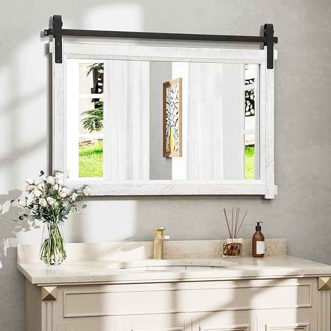 Bathroom Barn Door Mirror: 42"x28" White Farmhouse Wood Frame - Rustic Wall Mirror for Entryway/Living Room Wall Decor