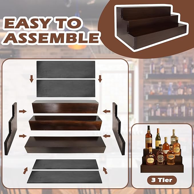 Royxen Wood Liquor Bottle Shelf 3 Tier Bar Shelf Freestanding Vintage Liquor Bar Stand for Home Bar Decor (Brown, 16 Inch Wide)