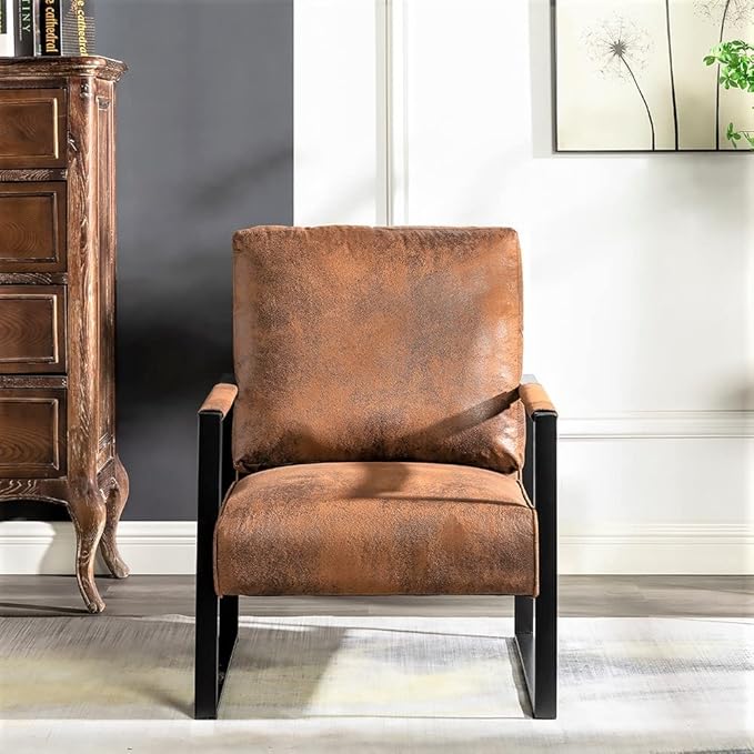 Container Furniture Classic Mid Century Modern Accent Chair with Durable Square Metal Frame, Armchair for Living Room, Bedroom, Home Office in Spotted Microfiber Upholstery, Light Brown