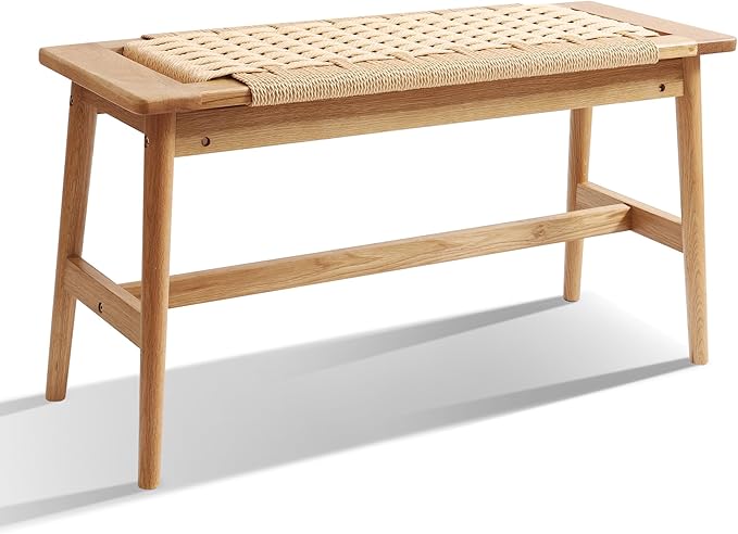 33.5" L Wood Dining Bench Indoor, 100% Natural Solid Oak Bed Bench Hand Woven Enterway Bench Small Bench for Dining Room, Bedroom, Kitchen (Natural)