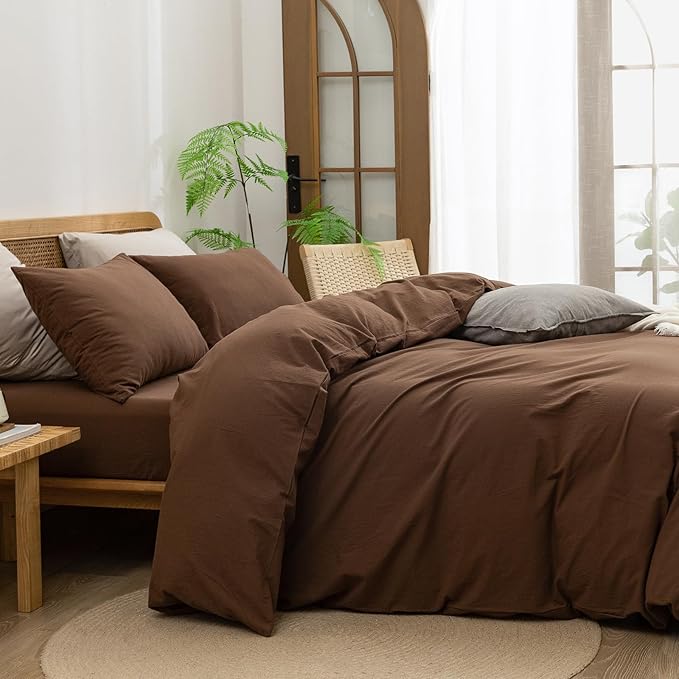 BESTOUCH Duvet Cover Set 100% Washed Cotton Linen Feel Super Soft Comfortable Chic Lightweight 3 PCs Home Bedding Set Solid Cocoa Brown Full/Double