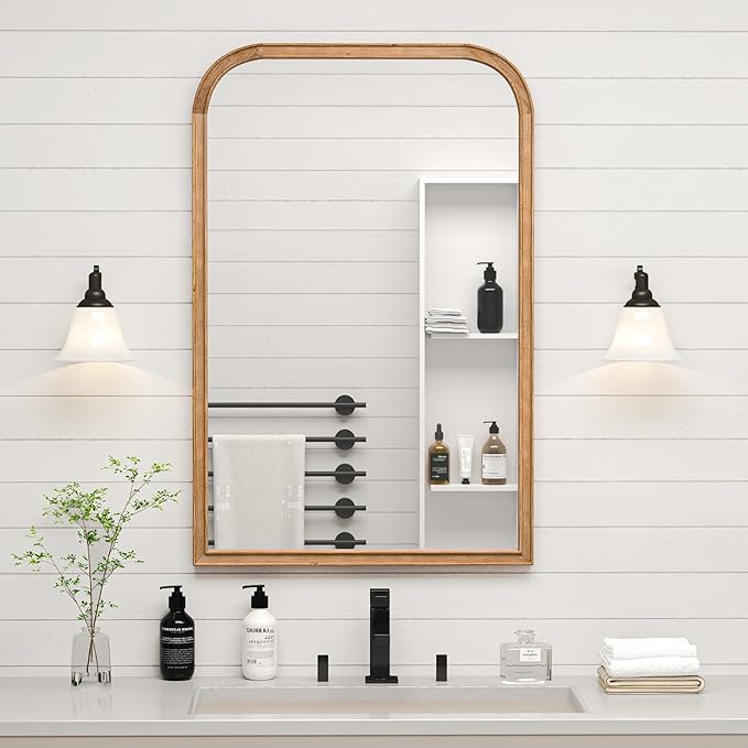 24"x36" Solid Wood Bathroom Mirror Tempered Glass for Wall Mounted, Rustic Wood Frame Wall Mirror Decorative for Bedroom Living Room Vanity Mirror Entryway Mirror, Brown