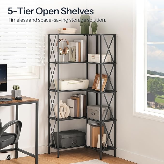 HOOBRO Corner Bookshelf, 5-Tier L-Shaped Bookcase, Industrial Open Display Shelf Tall Storage Organizer, Vertical Storage Rack, for Living Room, Home Office, Black BB60SJ01