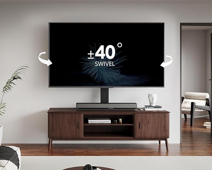 FITUEYES Universal TV Stand with Swivel Mount for 50-85 inch Flat Screens - Height Adjustable Tempered Glass Base Holds up to 143 lbs