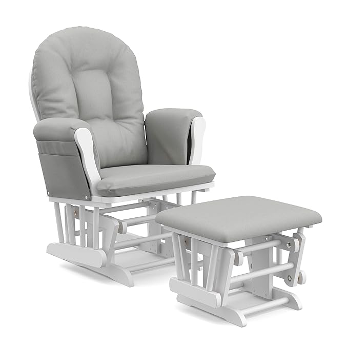 Storkcraft Premium Hoop Glider & Ottoman (White/Light Gray) — GREENGUARD Gold Certified Nursery Glider, Solid Wood Craftsmanship, Smooth-Gliding Nursery Chair and Ottoman, Award-Winning