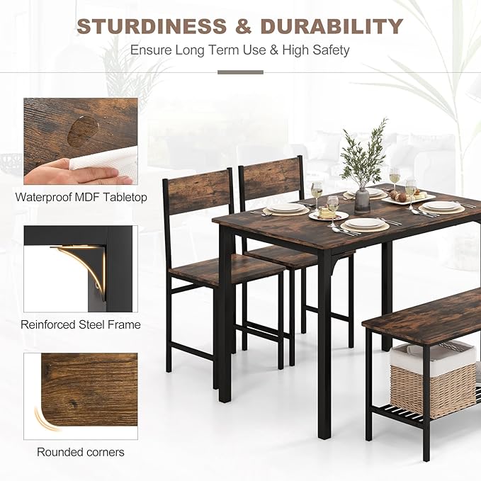 Giantex Dining Table Set for 4, Kitchen Table with Bench and Chairs, Industrial Gathering Bench Dining Set W/Metal Frame & Storage Rack, Dinette Set, Modern Functional Desk Set (Coffee)