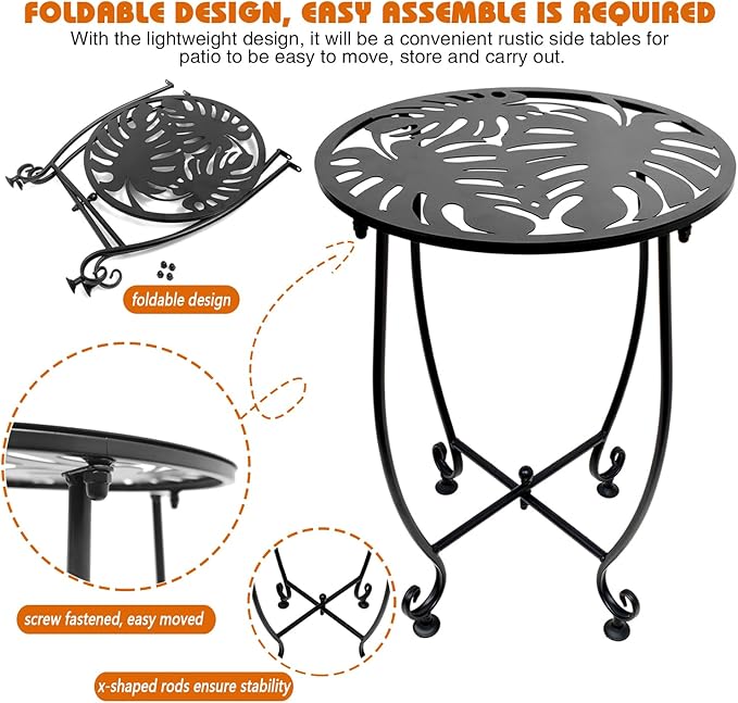 Outdoor Side Table for Small Spaces, Versatile 14 Inch Round Metal End Table for Patio Balcony Yard Porch Garden Bedside, Anti-Rust and Waterproof Accent Table for Indoor Outdoor Use, Easy Assembly