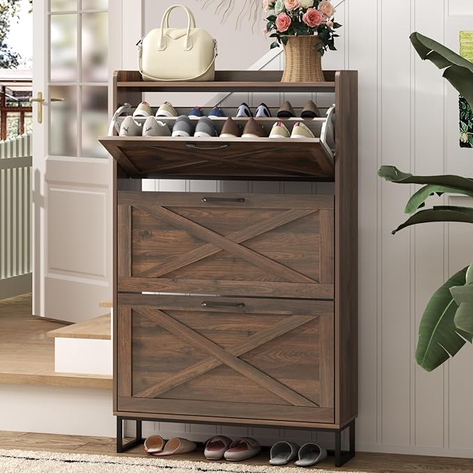 Maupvit Shoe Storage Cabinet with 3 Flip Drawers, Freestanding Organizer with Metal Legs for Entryway, Narrow Shoe Rack Cabinet, Dark Walnut