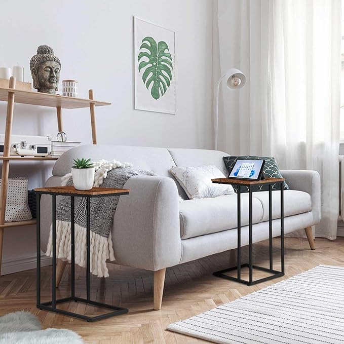 C Shaped Side Table Set of 2, Skinny Sofa Table for Sofa and Bed, Couch Tables That Slide Under, Small End Tables for Living Room, Bedroom or Small Spaces, Rustic Brown