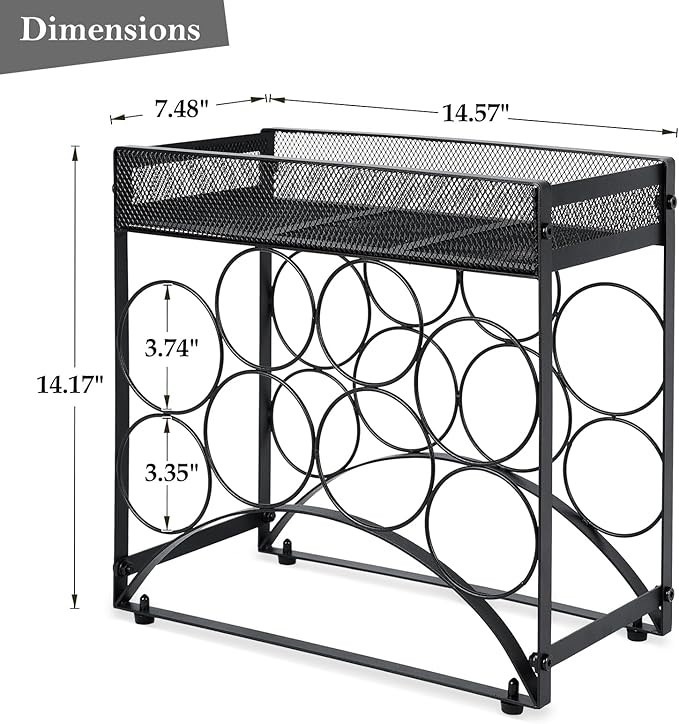 NOBLEMOOD 8 Bottles Countertop Wine Rack, Metal Tabletop Wine Bottles Holder with Top Storage Basket, Small Wine Rack Stand with Tray, Adjustable Feet for Home Kitchen Counter Dining Room