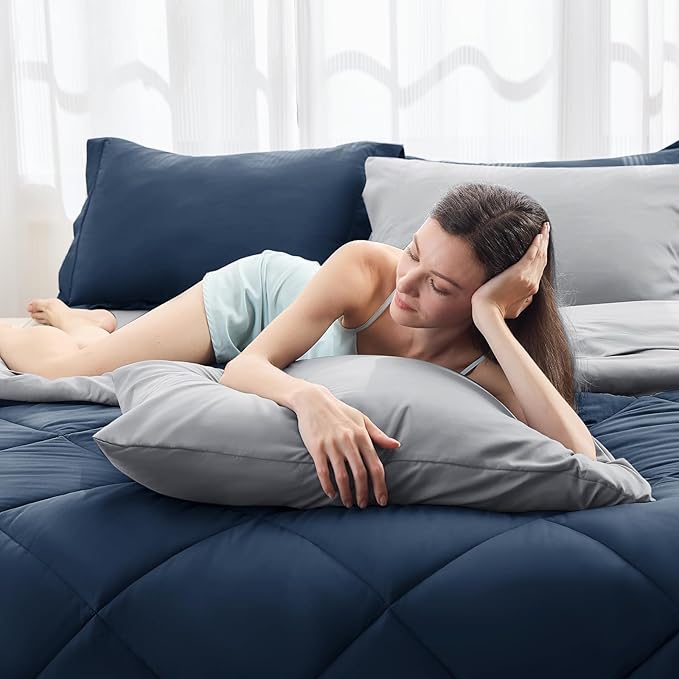 HEVUMYI Full Comforter Set - 7-Piece All Season Bed in a Bag Full, Ultra Soft Bedding Set with Comforter, Flat Sheet, Fitted Sheet, Pillowcases, Pillow Shams, Navy Blue & Light Grey