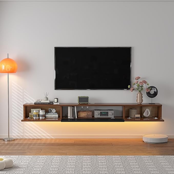 High Gloss Floating TV Stand,94'' Wall Mounted TV Console,Under TV Floating Shelf,Floating TV Cabinet with 3 Doors for Bedroom Living Room(Walnut)