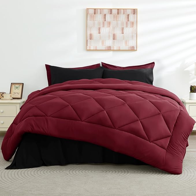 HEVUMYI Red & Black King Comforter Set - 7-Piece All Season Bed in a Bag King, Ultra Soft Burgundy Bedding Set with Comforter, Flat Sheet, Fitted Sheet, Pillowcases, Pillow Shams, Burgundy Red & Black