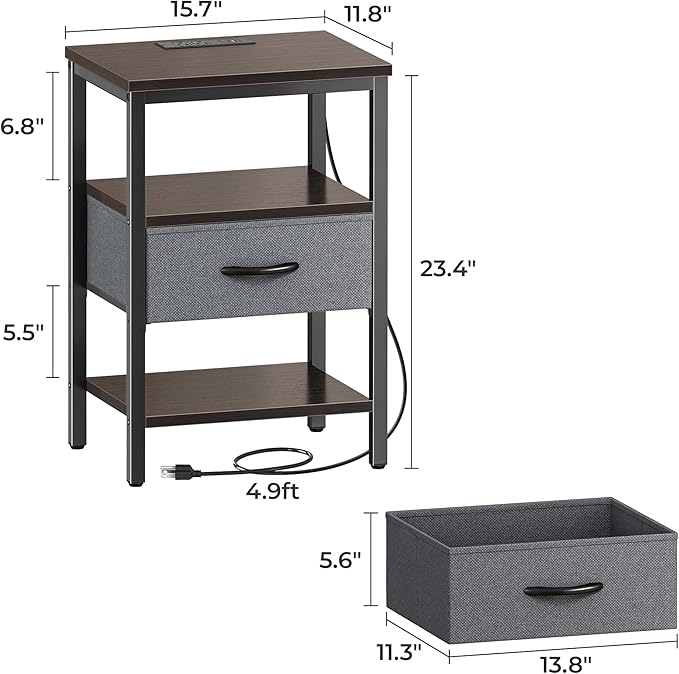 SUPERJARE Nightstand Set of 2, Bed Side Tables with Charging Station, Adjustable Fabric Drawer, Night Stand for Bedroom, 3-Tier Storage End Tables, Walnut