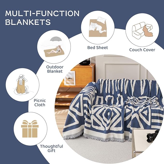 STACYPIK Thick Boho Couch Covers for Dog Cat, Modern Blue Triangle Sofa Cover for Living Room, Reversible Furniture Protector for 3 Cushion Couch, Anti Slip Jacquard Loveseat Covers for Sofa-71X118IN