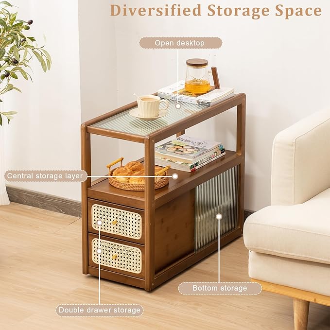 Bamboo Side Table Nightstand with Rattan Drawer & Glass Top – Multi-Function End Table, Nightstands with Storage for Bedroom, Living Room, and Small Spaces, Walnut