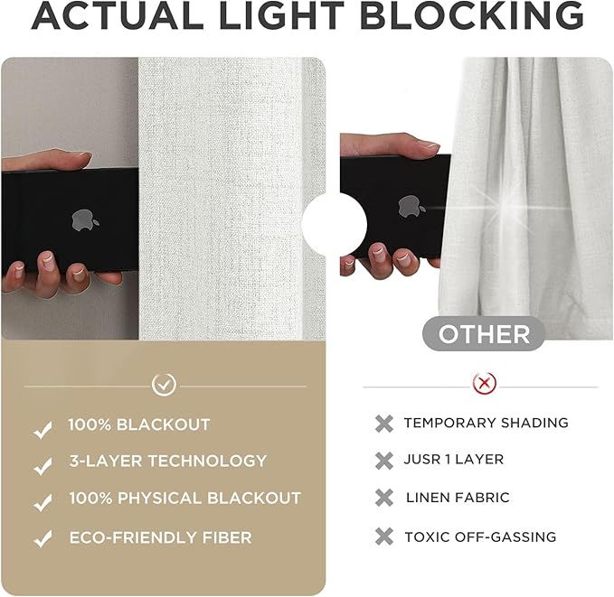 Joydeco 100% Blackout Curtains for Bedroom - Natural Linen Curtains 100" W x 96" L, Thermal Insulated 1 Panels White Light Blocking Drapes, Rod Pocket & Back Tabs, Darkening Privacy for Living Room