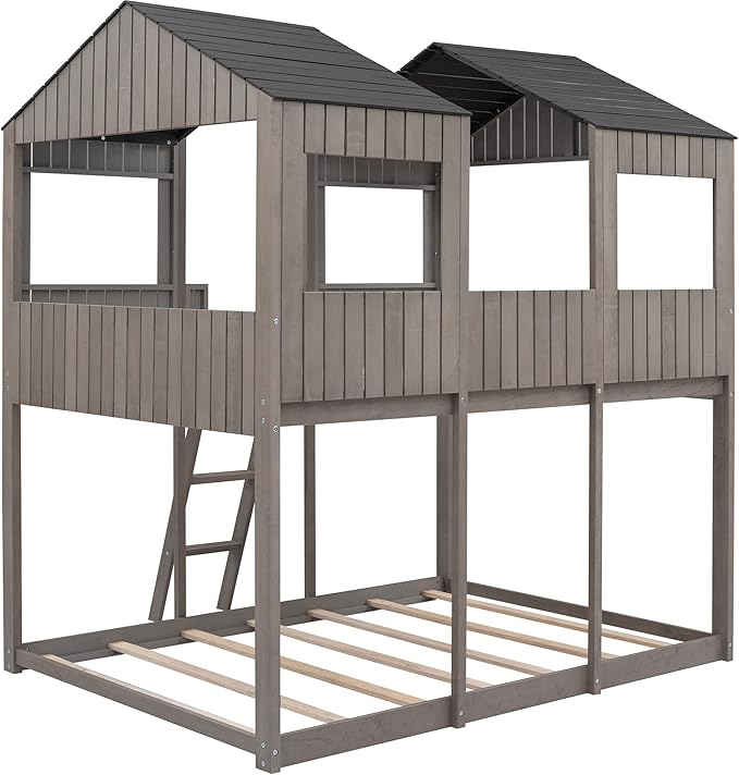Ball & Cast Full Over Full Size Playhouse Bunk Bed with Roof and Window,Wood Bunkbed w/Full-Length Guard Rail & Ladder,Slat Support,Space Saving,Bedroom Furniture for Student Dorms,Antique Gray