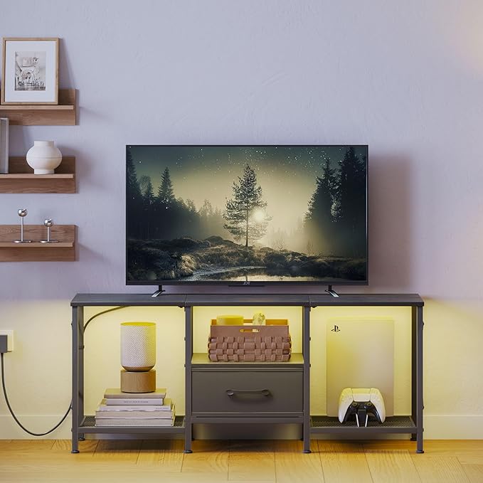 LED TV Stand with Fabric Drawer, Entertainment Center for 50 55 Inch TV, Industrial TV Console Table with Open Storage Shelves for Living Room, Bedroom, Black